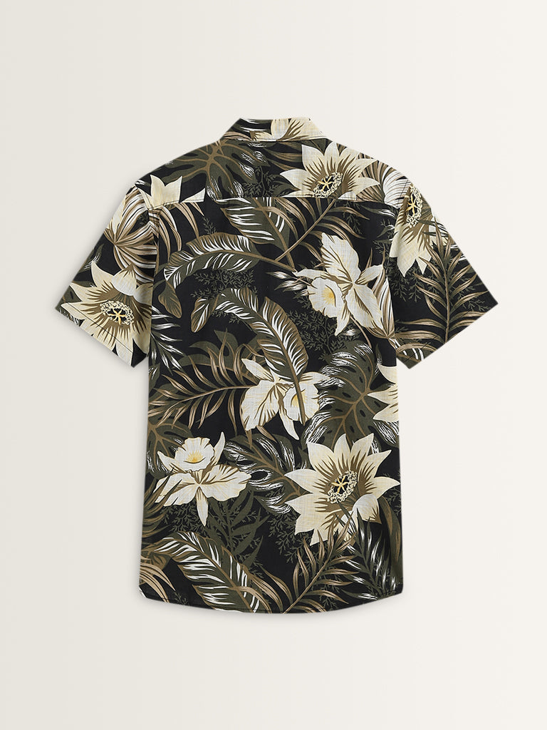 WES Casuals Olive Floral-Printed Slim Fit Shirt