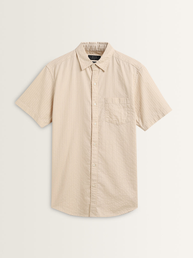 WES Casuals Beige Striped Relaxed-Fit Cotton Shirt