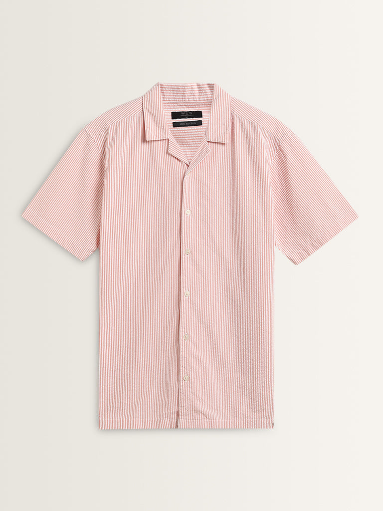 WES Casuals Coral Stripe Pattern Relaxed-Fit Cotton Shirt