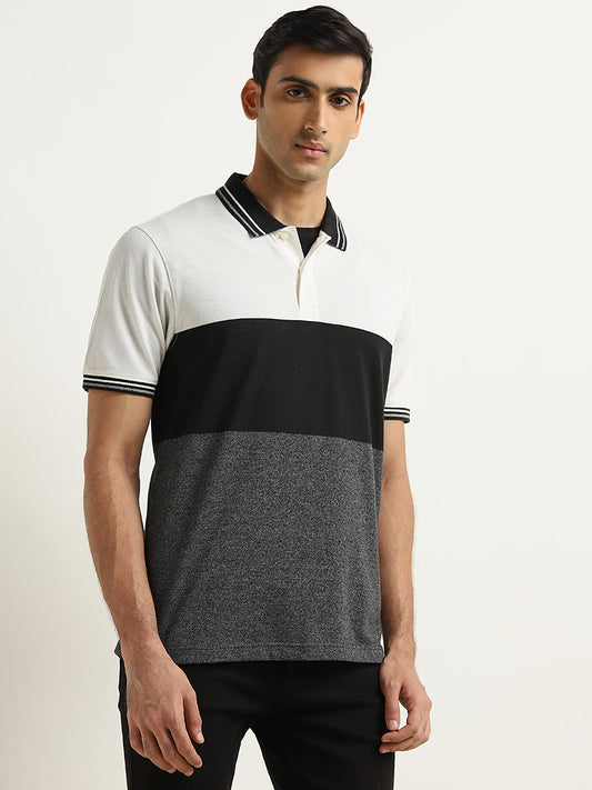 WES Casuals Grey Colour-Blocked Relaxed-Fit Polo T-Shirt
