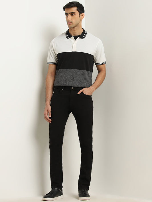 WES Casuals Grey Colour-Blocked Relaxed-Fit Polo T-Shirt