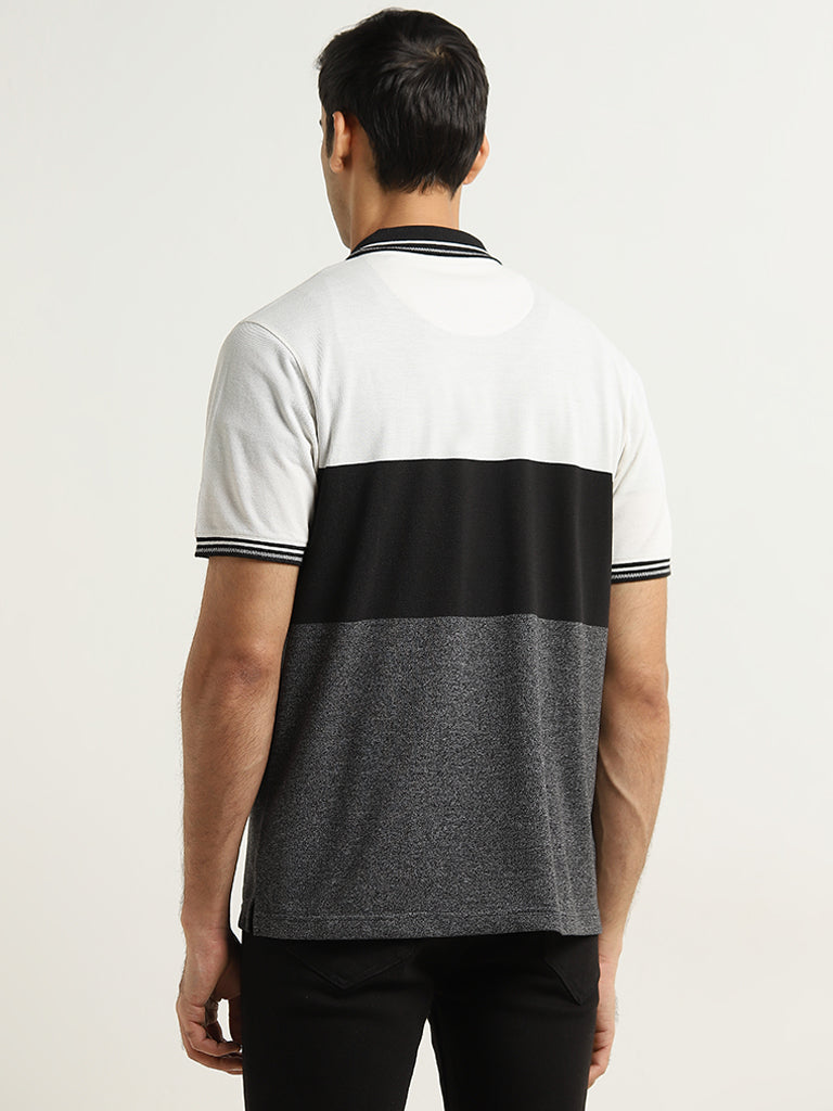 WES Casuals Grey Colour-Blocked Relaxed-Fit Polo T-Shirt