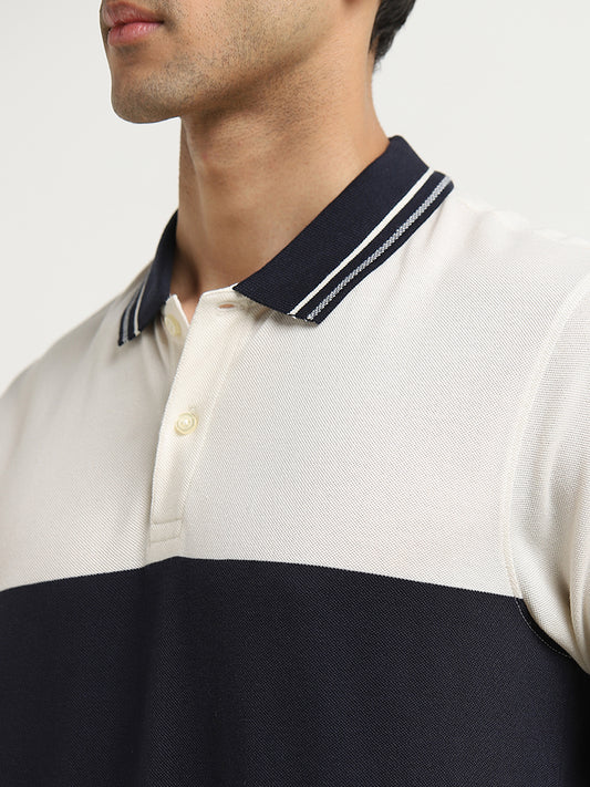 WES Casuals Navy Colour-Blocked Relaxed-Fit Polo T-Shirt