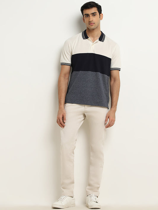 WES Casuals Navy Colour-Blocked Relaxed-Fit Polo T-Shirt