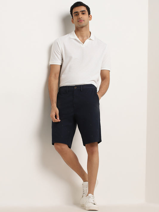 WES Casuals Navy Relaxed-Fit Mid-Rise Cotton Shorts