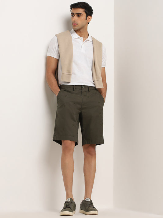 WES Casuals Olive Relaxed-Fit Mid-Rise Cotton Shorts