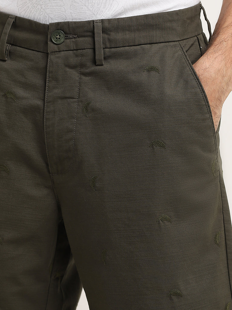 WES Casuals Olive Relaxed-Fit Mid-Rise Cotton Shorts