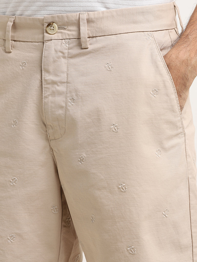 WES Casuals Beige Relaxed-Fit Mid-Rise Cotton Shorts