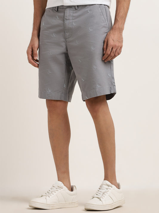 WES Casuals Grey Relaxed-Fit Mid-Rise Cotton Shorts