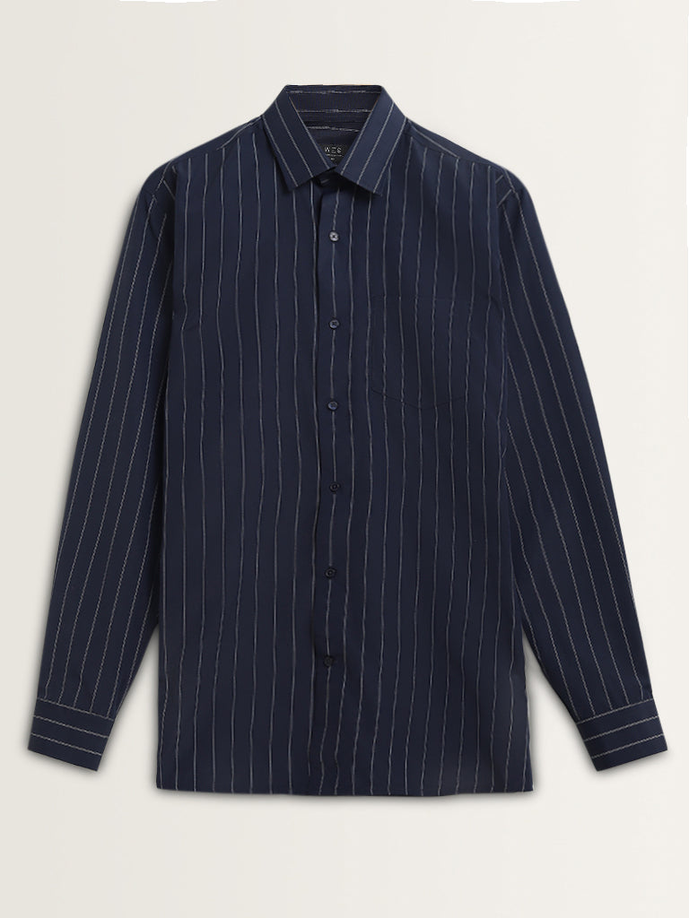 WES Formals Navy Striped Relaxed Fit Shirt