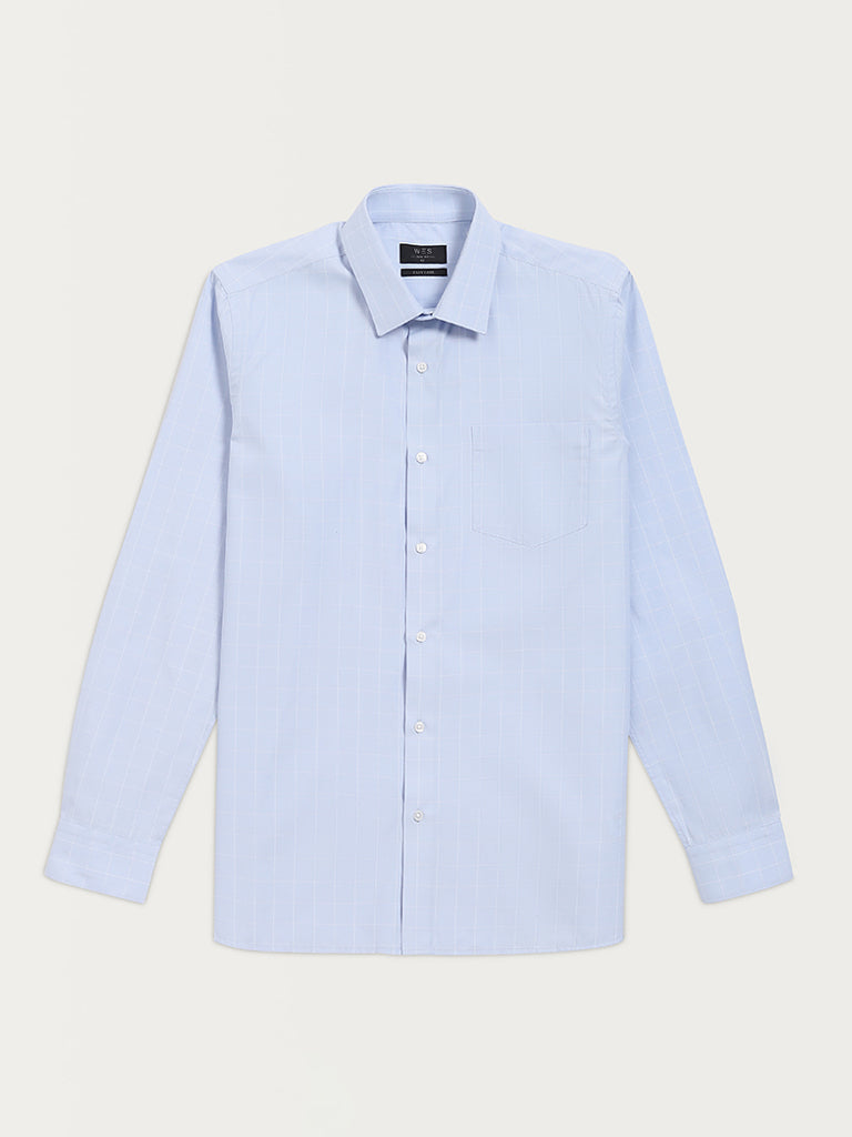 WES Formals Light Blue Checks Print Slim Fit Shirt