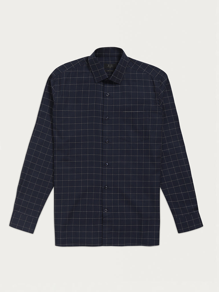 WES Formals Navy Checkered Relaxed Fit Shirt
