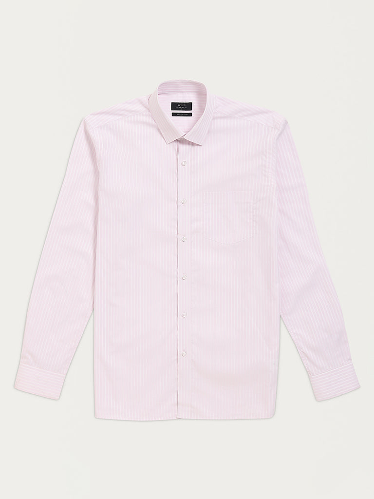 WES Formals Light Pink Striped Slim Fit Shirt