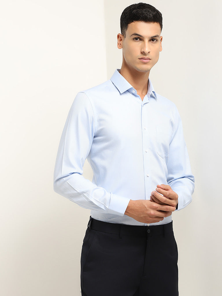 WES Formals Light Blue Solid Cotton Slim-Fit Shirt