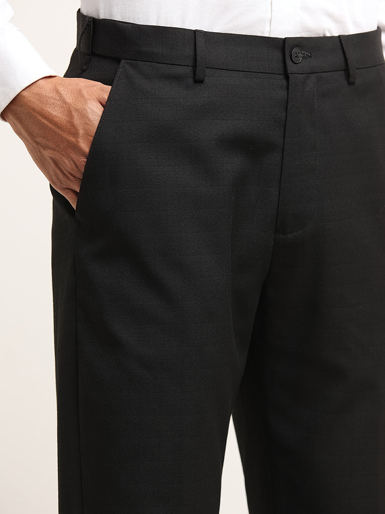 WES Formals Black Checked Relaxed Fit Mid Rise Trousers