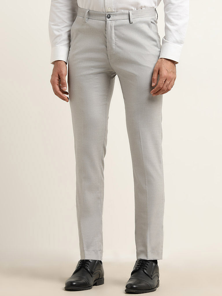 WES Formals Grey Ultra-Slim Fit Mid-Rise Cotton Blend Trousers