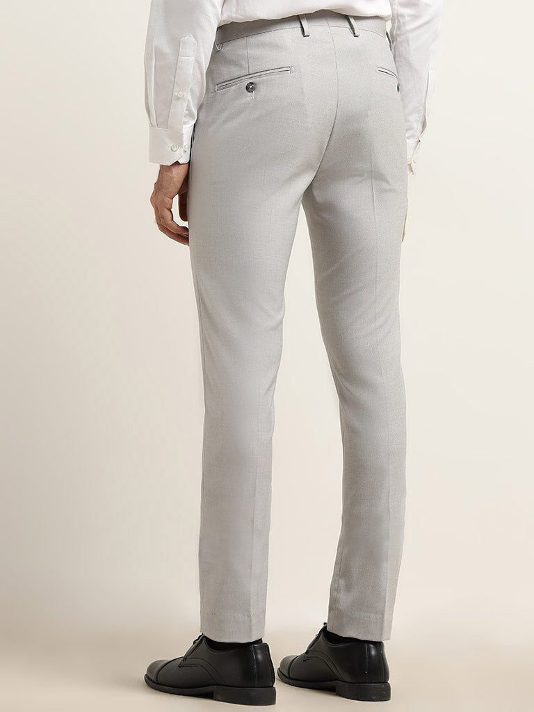 WES Formals Grey Ultra-Slim Fit Mid-Rise Cotton Blend Trousers