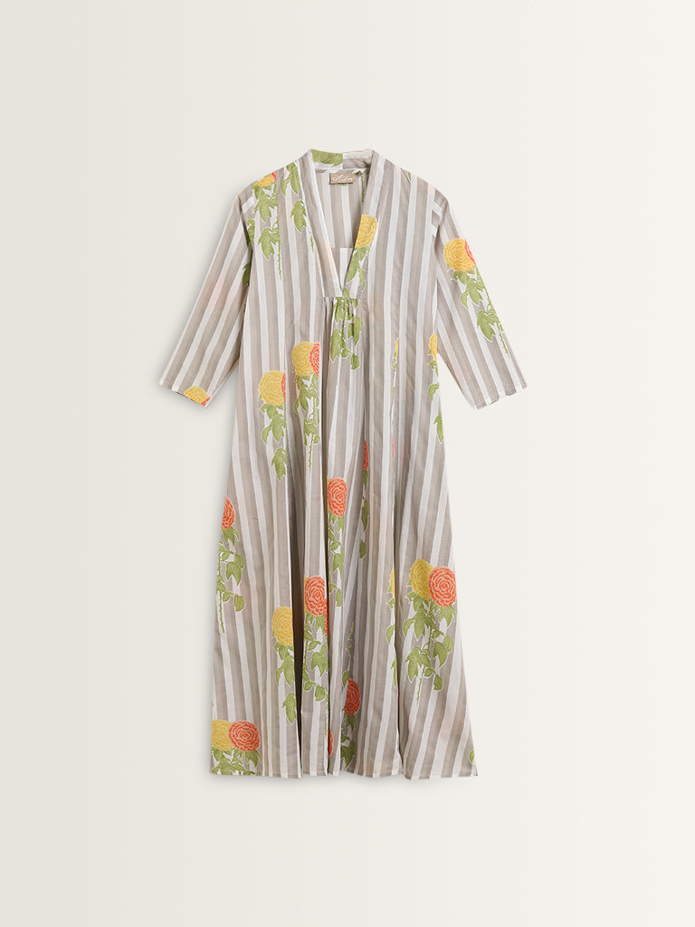 Utsa Grey Striped Pattern A-Line Cotton Kurta