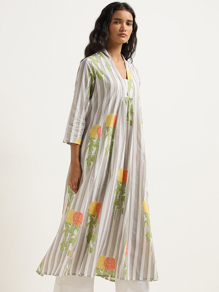 Utsa Grey Striped Pattern A-Line Cotton Kurta