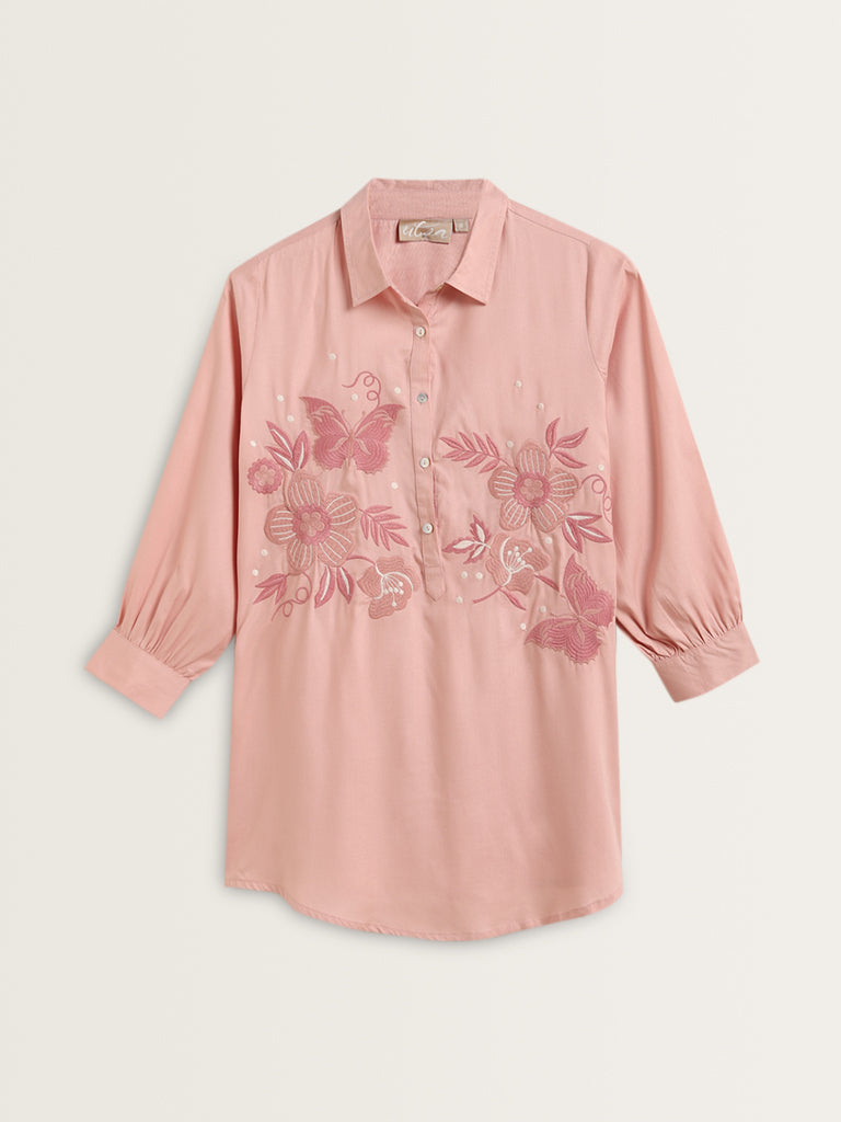 Utsa Pink Floral Embroidered Straight Tunic