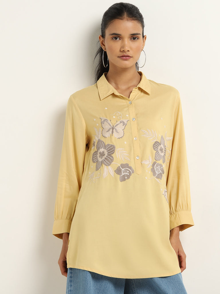 Utsa Yellow Floral Embroidered Straight Tunic