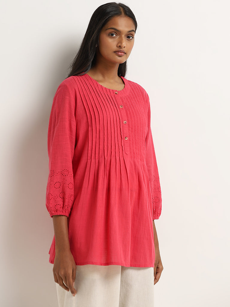 Utsa Fuchsia Pintuck Detailed A-Line Cotton Tunic