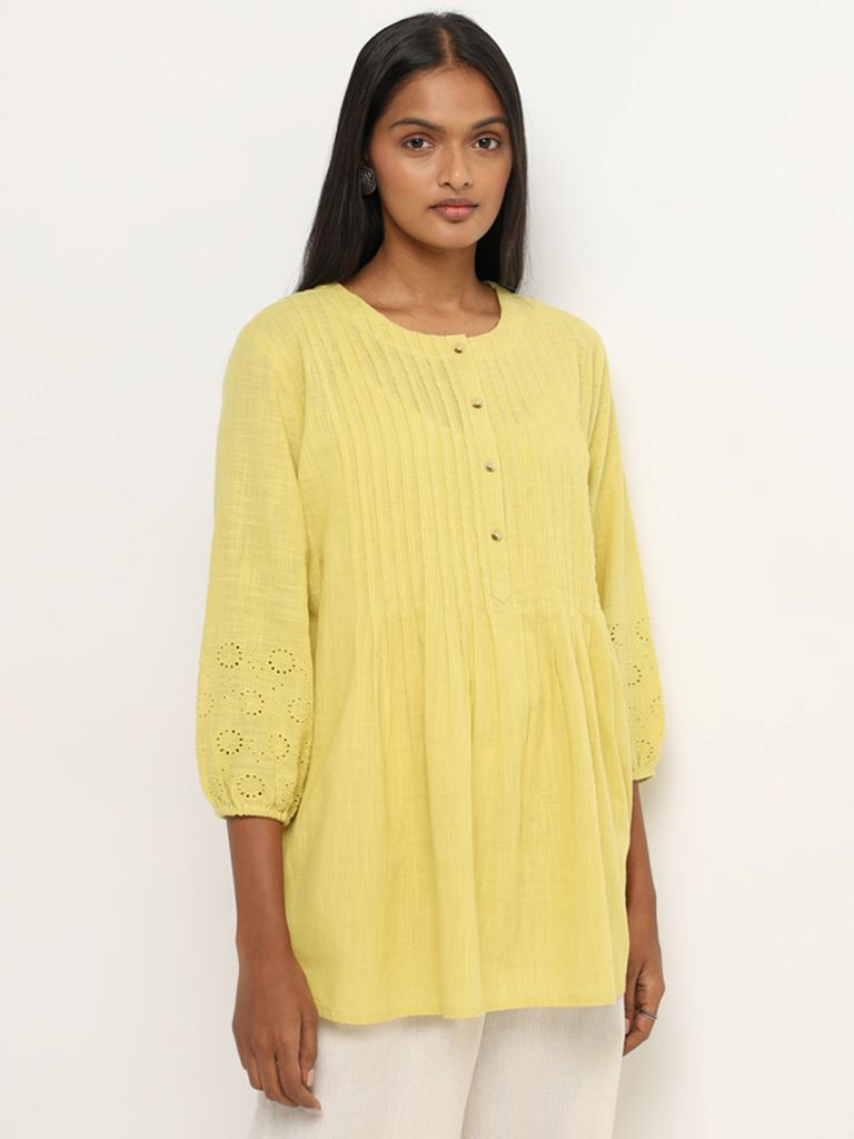 Utsa Lime Pintuck Detailed A-Line Cotton Tunic