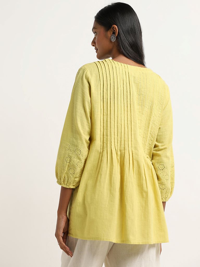 Utsa Lime Pintuck Detailed A-Line Cotton Tunic