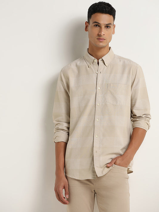 WES Casuals Beige Checks Relaxed-Fit Shirt