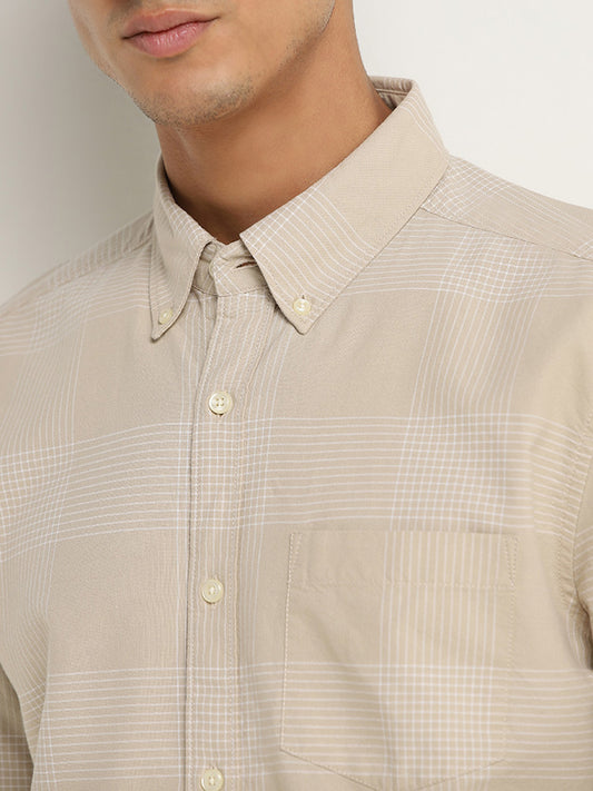 WES Casuals Beige Checks Relaxed-Fit Shirt