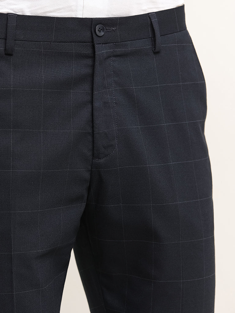 WES Formals Navy Mid-Rise Slim-Tapered Checked Trousers