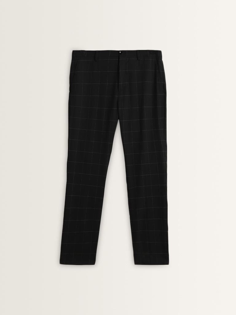 WES Formals Navy Mid-Rise Slim-Tapered Checked Trousers