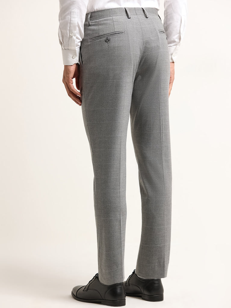 WES Formals Grey Mid Rise Slim Tapered Fit Checked Trousers