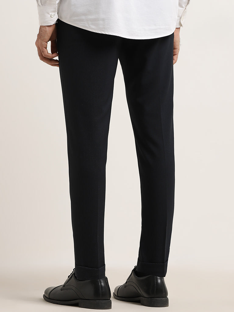 WES Formals Black Pinstripe-Detailed Carrot-Fit Cotton Blend Trousers