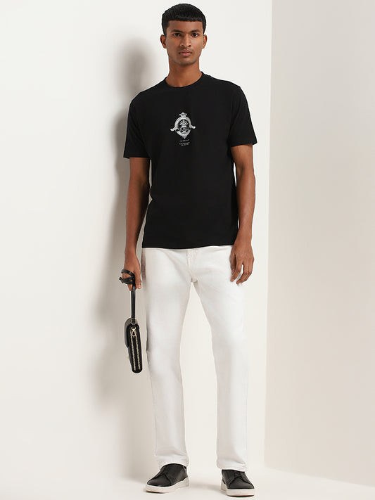 Nuon Black Slim-Fit Printed Cotton T-Shirt
