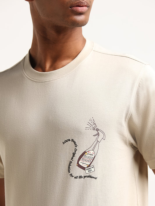 Nuon Beige Slim-Fit Contrast Print Cotton T-Shirt