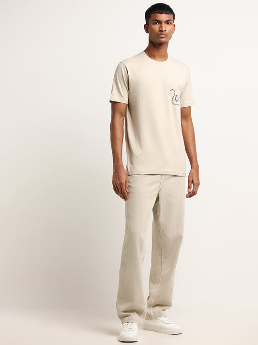 Nuon Beige Slim-Fit Contrast Print Cotton T-Shirt