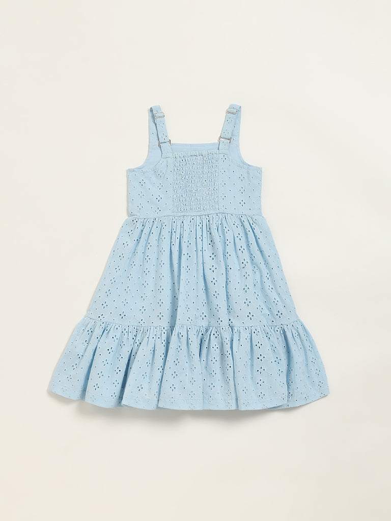 Utsa Kids Blue Schiffli Tiered Dress - (2 -8yrs)