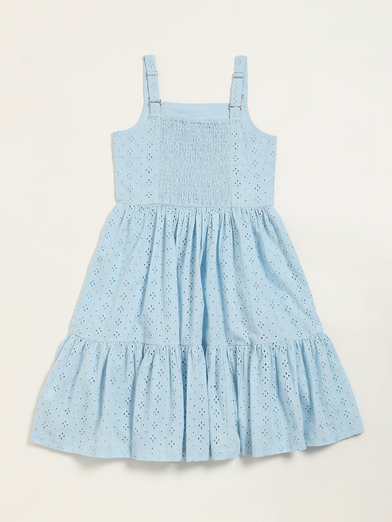 Utsa Kids Blue Schiffli Tiered Dress - (8 -14yrs)