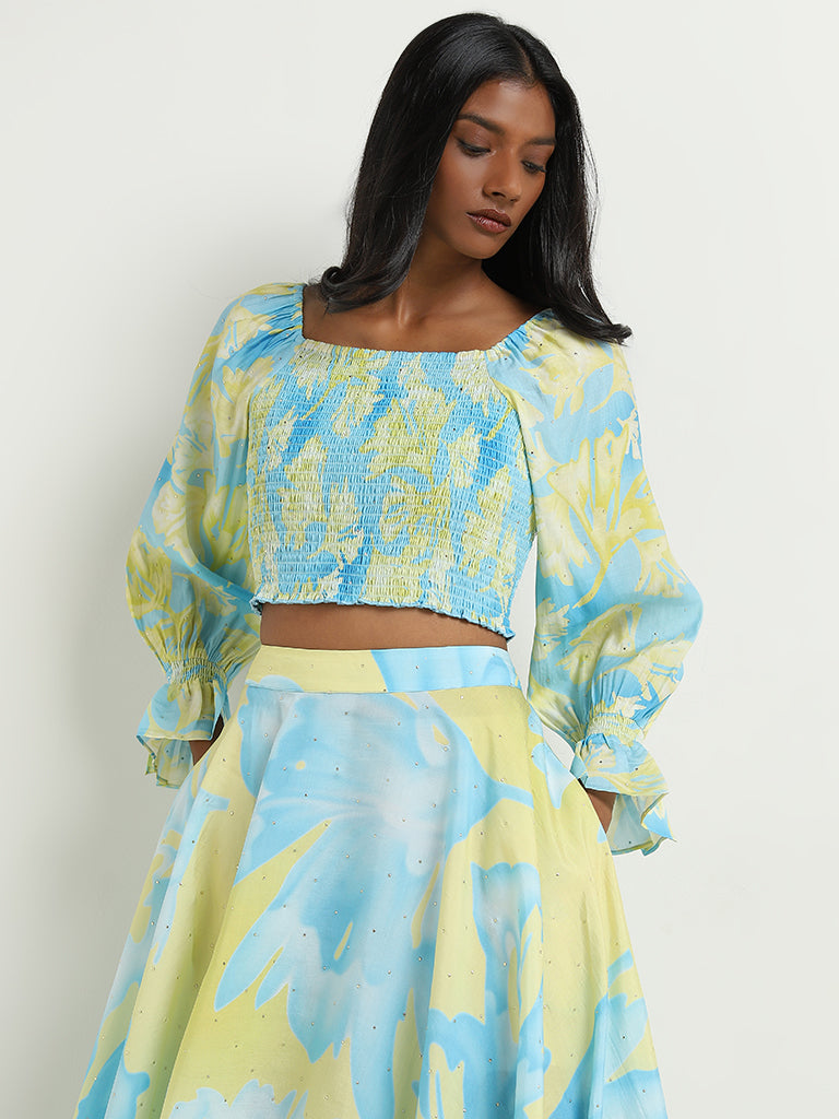 Vark Lime Floral Smocked Top and Skirt Set