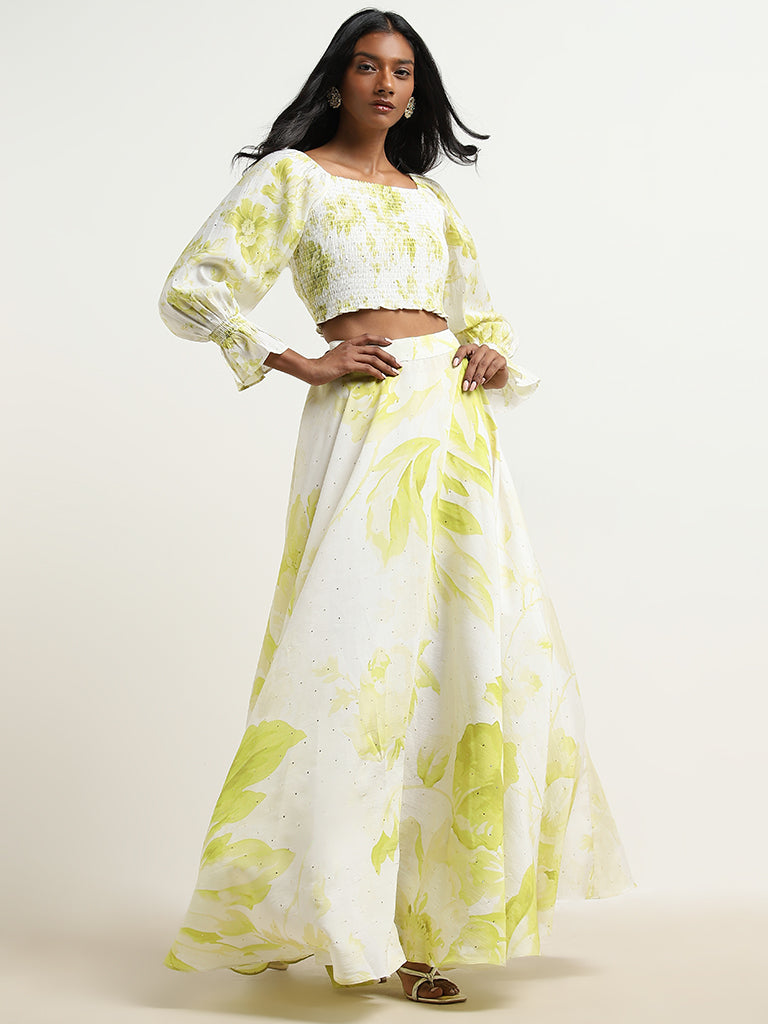 Vark Lime Floral Printed Top with High-Rise Skirt Set