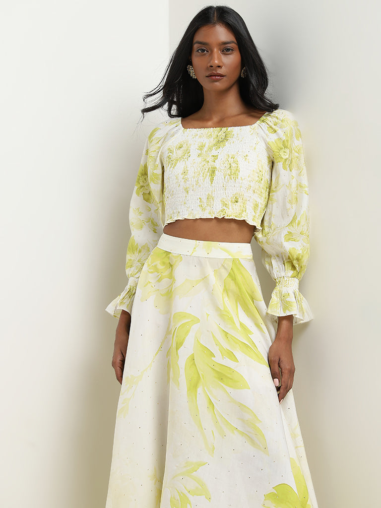 Vark Lime Floral Printed Top with High-Rise Skirt Set