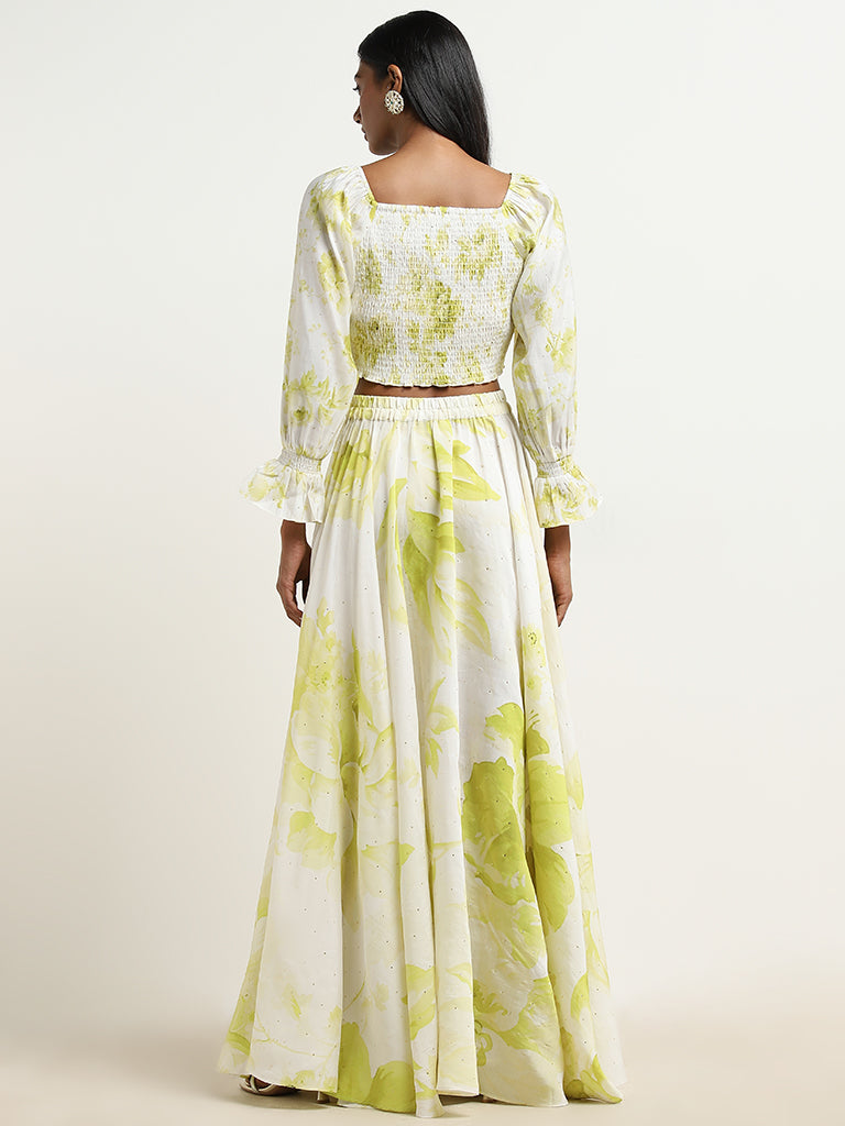 Vark Lime Floral Printed Top with High-Rise Skirt Set