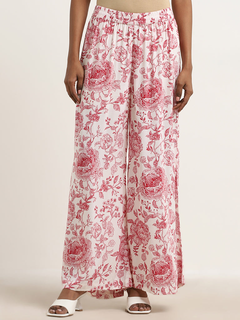 Zuba Red Floral Design Mid-Rise Palazzos