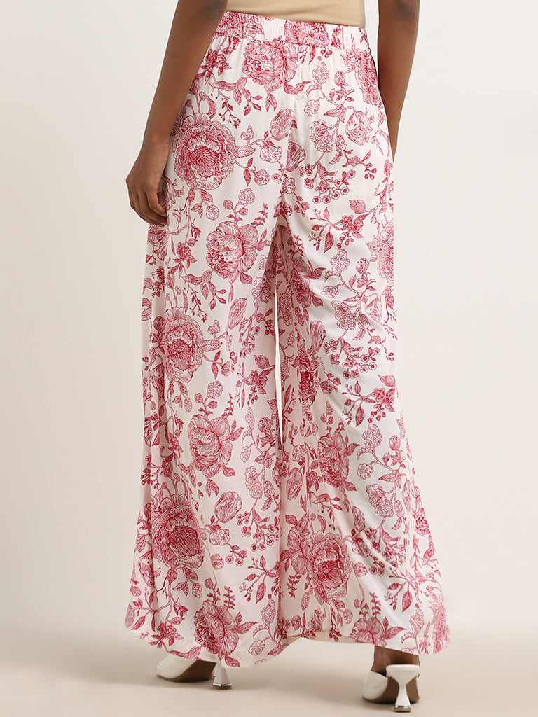 Zuba Red Floral Design Mid-Rise Palazzos