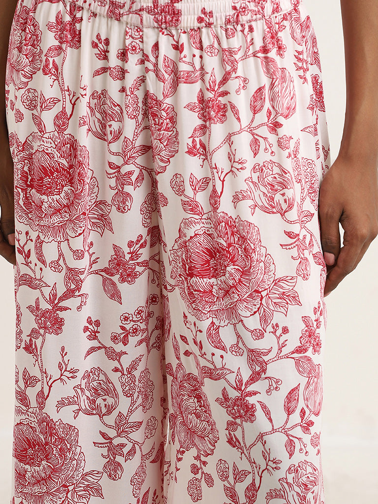 Zuba Red Floral Design Mid-Rise Palazzos