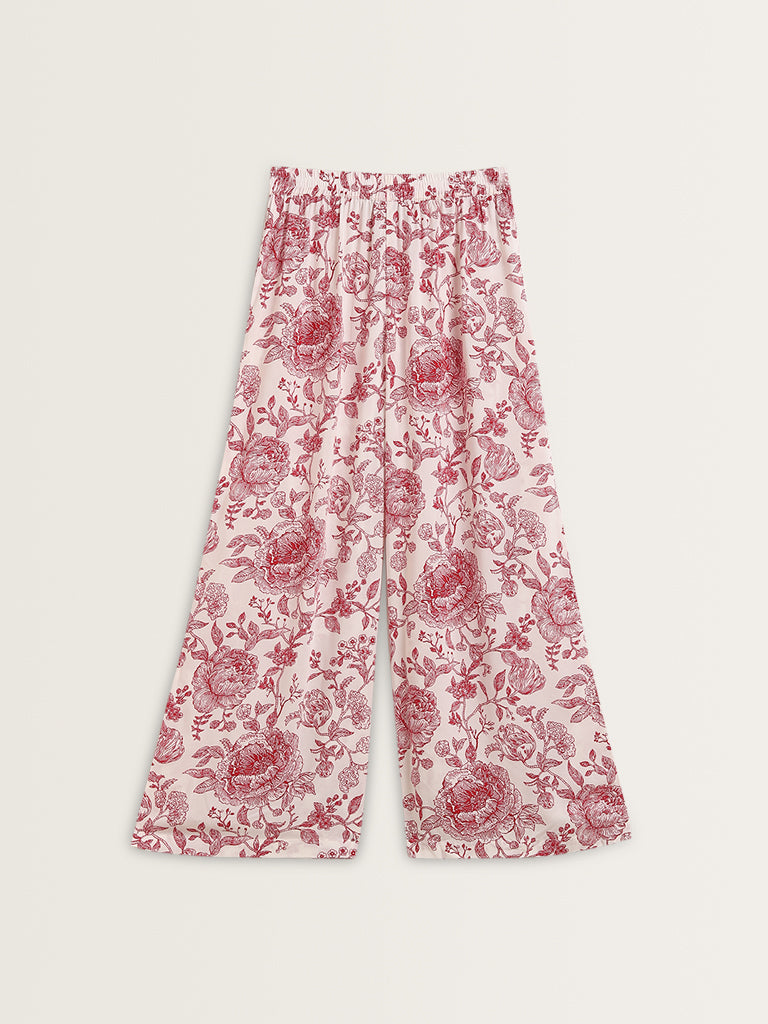 Zuba Red Floral Design Mid-Rise Palazzos