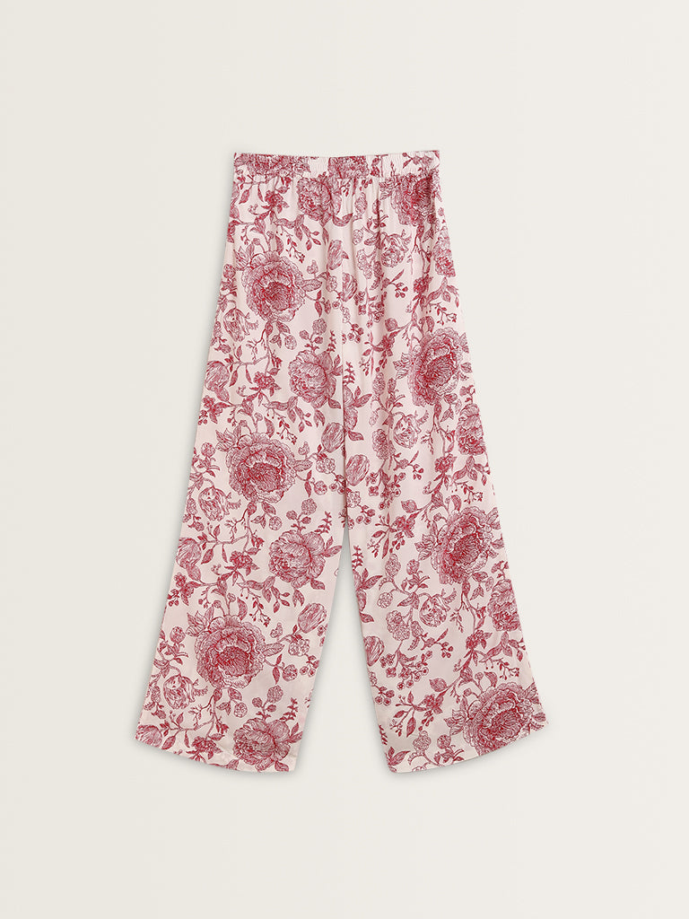 Zuba Red Floral Design Mid-Rise Palazzos