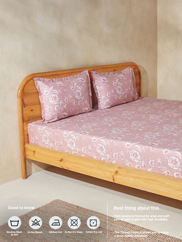 Westside Home Dusty Pink Floral Design Double Bed Flat Sheet and Pillowcase Set