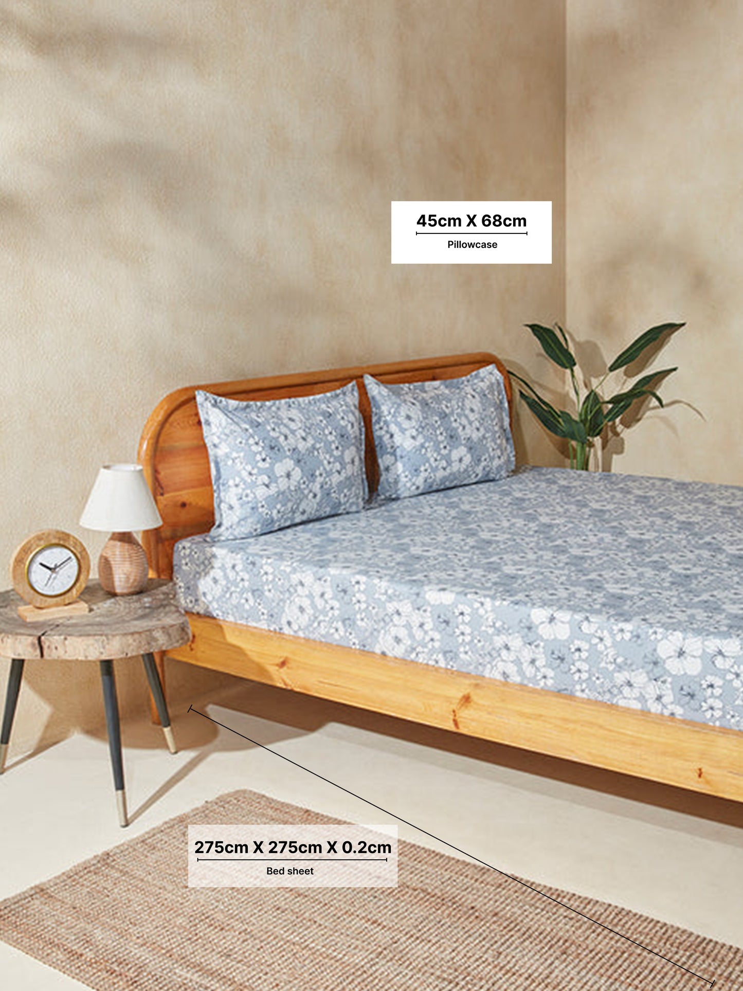 Westside Home Dark Blue Printed King Bed Flat Sheet and Pillowcase Set